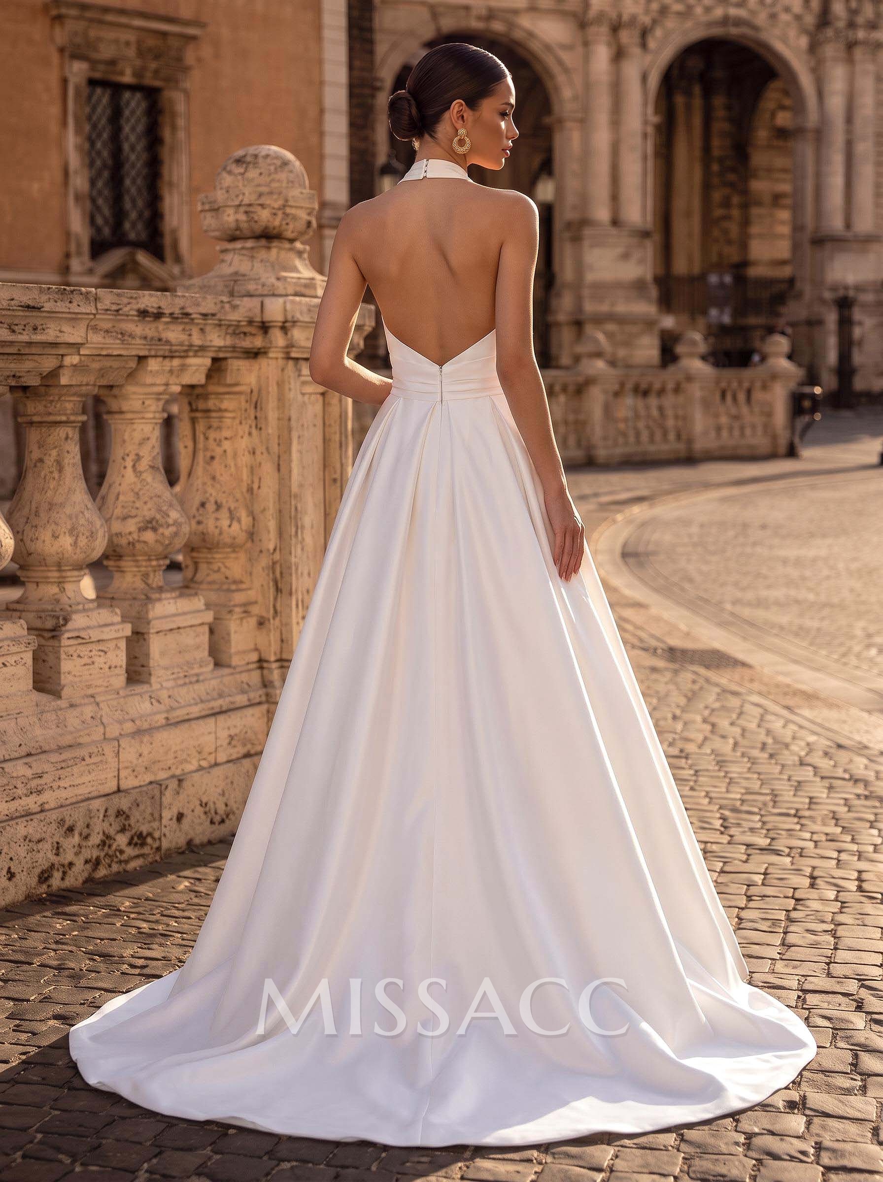 Jumpsuit/Pantsuit V-Neck/Halter Sleeveless Floor-Length Matte Satin Wedding Dresses With Overskirt Dress