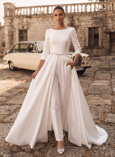 Jumpsuit/Pantsuit Scoop Neck 3/4 Sleeves Sweep Train Matte Satin Wedding Dresses With Bow/Overskirt Dress