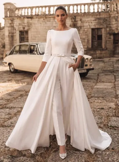 Jumpsuit/Pantsuit Scoop Neck 3/4 Sleeves Sweep Train Matte Satin Wedding Dresses With Bow/Overskirt Dress