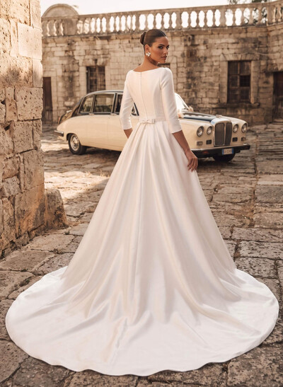 Jumpsuit/Pantsuit Scoop Neck 3/4 Sleeves Sweep Train Matte Satin Wedding Dresses With Bow/Overskirt Dress