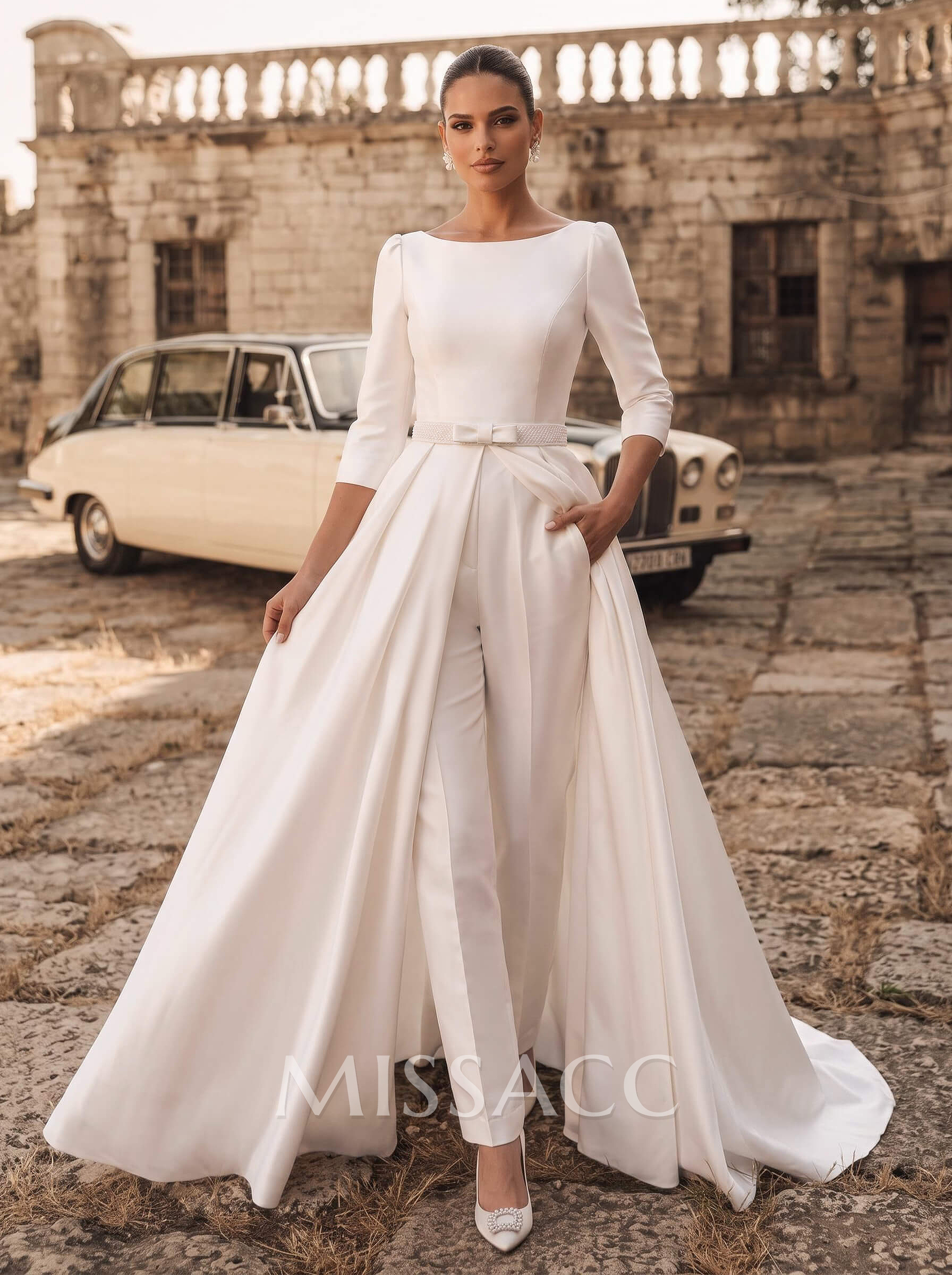 Jumpsuit/Pantsuit Scoop Neck 3/4 Sleeves Sweep Train Matte Satin Wedding Dresses With Bow/Overskirt Dress
