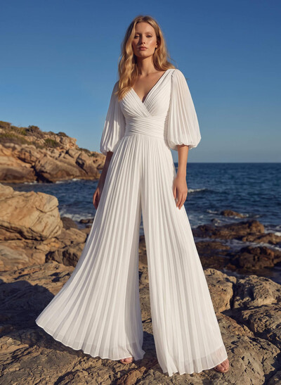 Jumpsuit / Trouser Suit V-Neck Half Sleeves Floor-Length Chiffon Wedding Dresses With