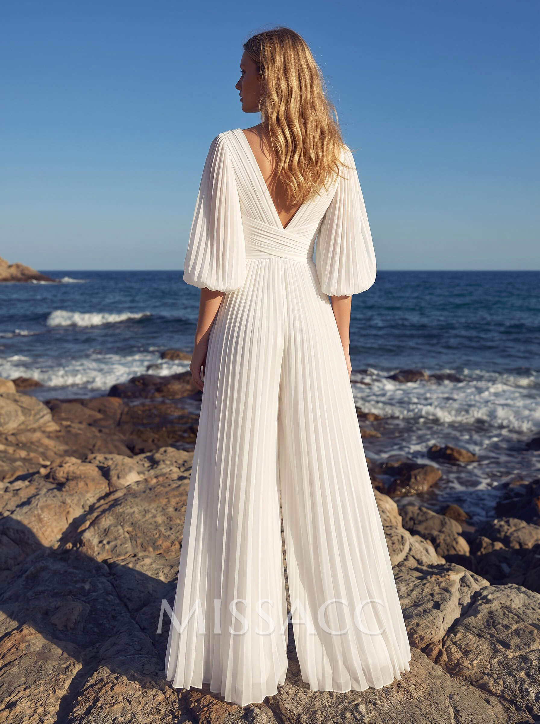 Jumpsuit / Trouser Suit V-Neck Half Sleeves Floor-Length Chiffon Wedding Dresses With
