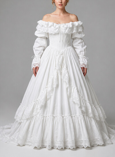 Ball-Gown Off-The-Shoulder Long Sleeves Sweep Train Taffeta Wedding Dresses With Ruffle