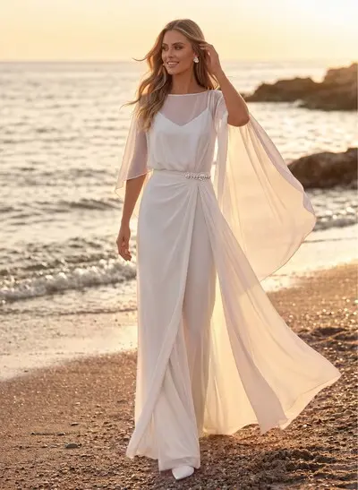 A-Line/Jumpsuit/Pantsuit V-Neck/Illusion Neck Cape Sleeves Floor-Length Chiffon Wedding Dresses With Overskirt Dress