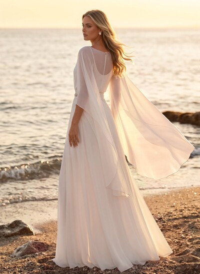 A-Line/Jumpsuit/Pantsuit V-Neck/Illusion Neckline Cape Sleeve Floor-Length Chiffon Wedding Dresses With Overskirt
