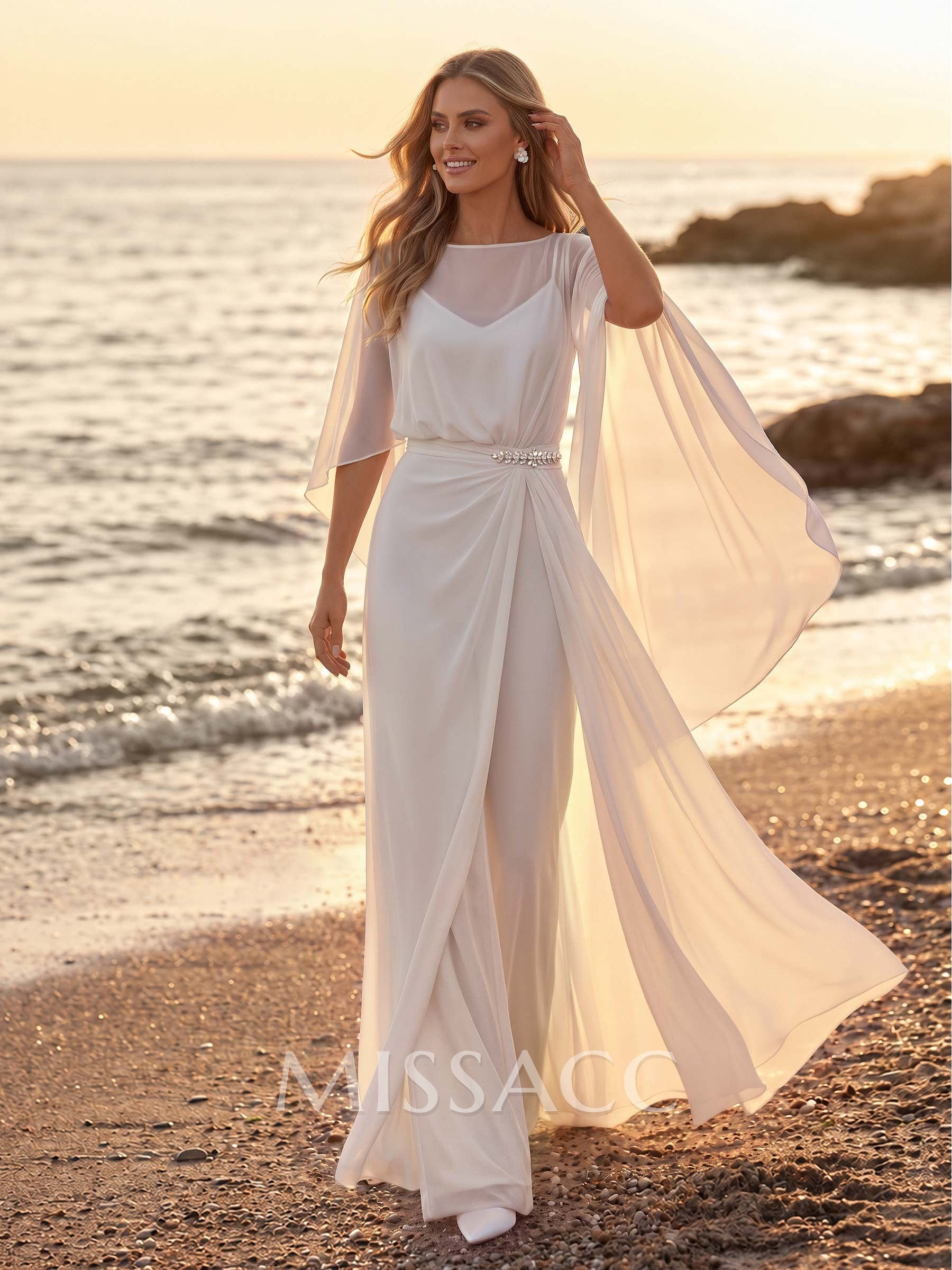 A-Line/Jumpsuit/Pantsuit V-Neck/Illusion Neckline Cape Sleeve Floor-Length Chiffon Wedding Dresses With Overskirt