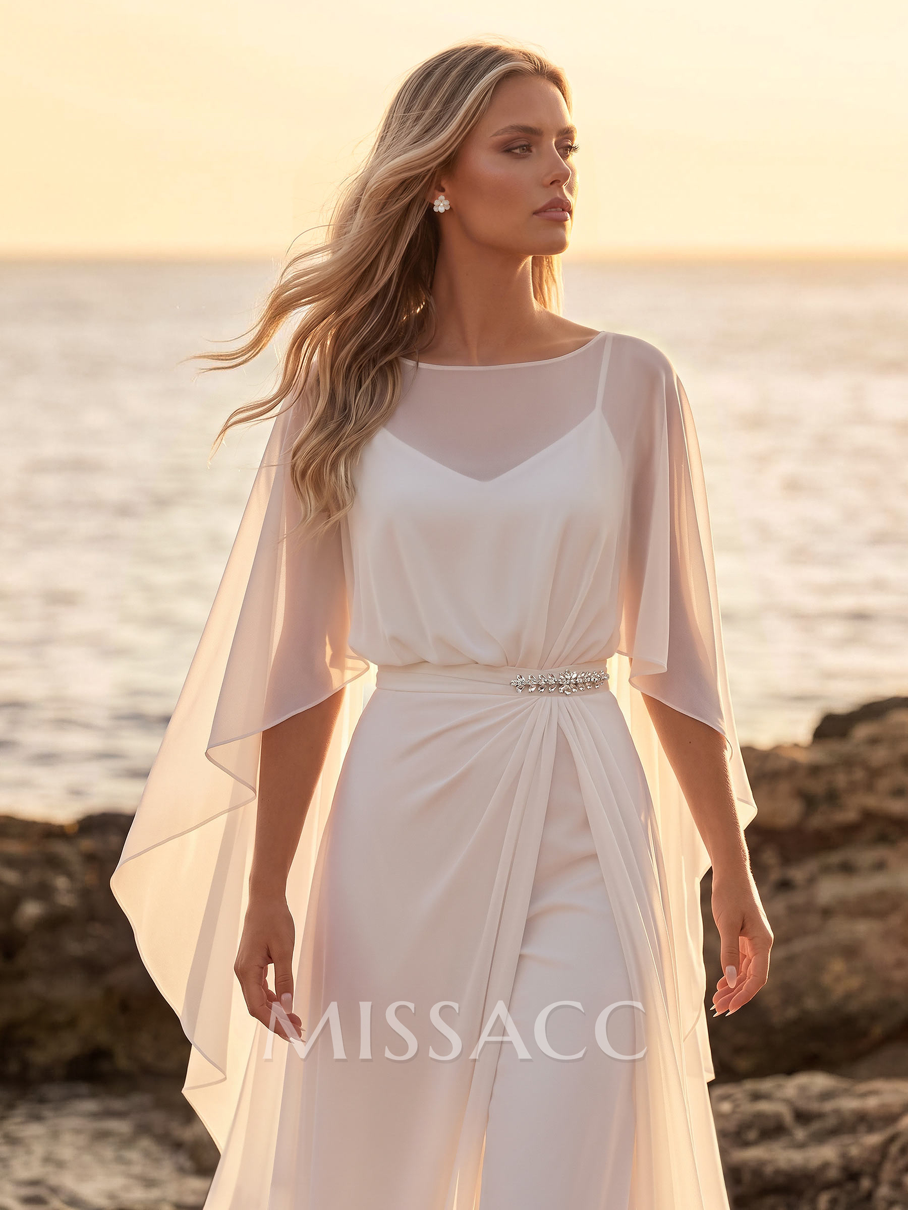 A-Line/Jumpsuit/Pantsuit V-Neck/Illusion Neckline Cape Sleeve Floor-Length Chiffon Wedding Dresses With Overskirt
