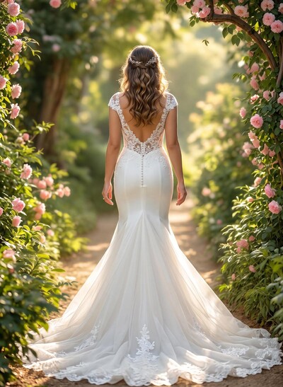 Trumpet/Mermaid Plunge Neck Cape Sleeves Court Train Lace/Matte Satin Wedding Dresses With Ruffle