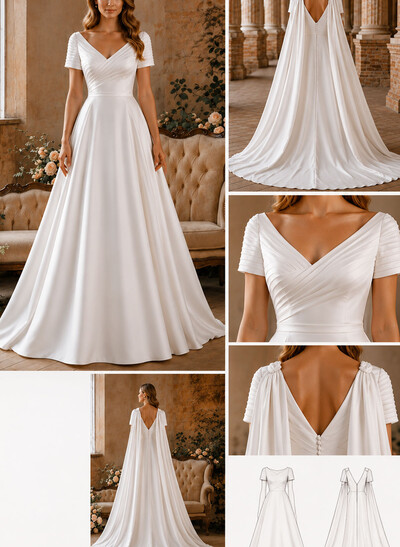 A-Line Sweetheart Short Sleeves Court Train Matte Satin Wedding Dresses