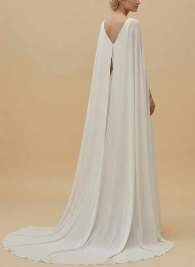 Jumpsuit/Pantsuit Plunge Neck Cape Sleeves Court Train Chiffon/Elastic Satin Wedding Dresses With Sash