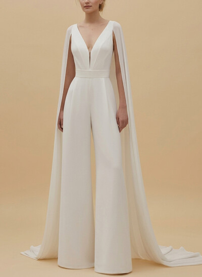 Jumpsuit/Pantsuit Plunge Neck Cape Sleeves Court Train Chiffon/Elastic Satin Wedding Dresses With Sash