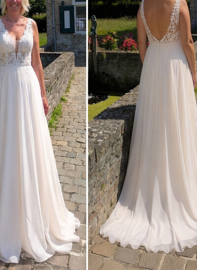 A-Line Plunge Neck Sleeveless Court Train Lace Wedding Dresses With Pleated