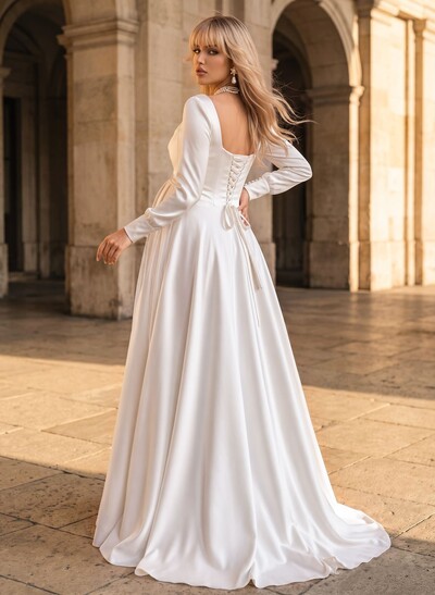 A-Line Square Neckline Long Sleeves Sweep Train Satin Maternity Wedding Dresses With Pockets/Pleated