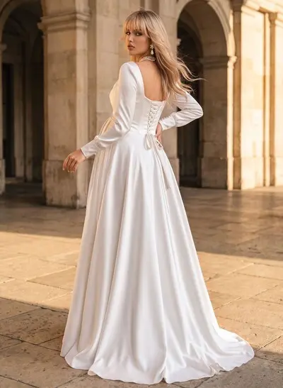 A-Line Square Neckline Long Sleeves Sweep Train Satin Maternity Wedding Dresses With Pockets/Pleated