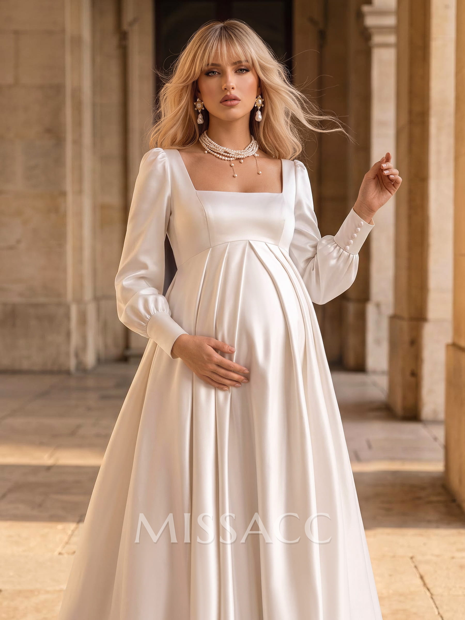 A-Line Square Neckline Long Sleeves Sweep Train Satin Maternity Wedding Dresses With Pockets/Pleated