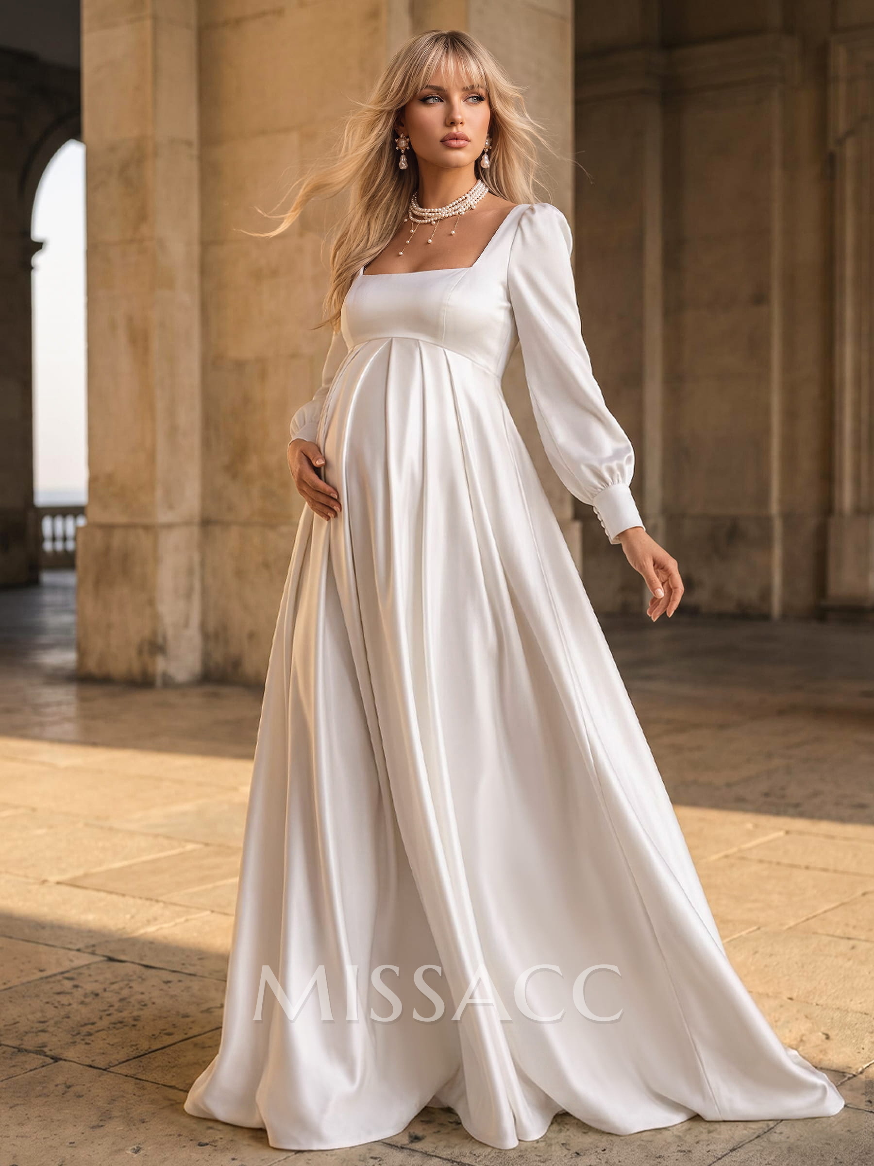 A-Line Square Neckline Long Sleeves Sweep Train Satin Maternity Wedding Dresses With Pockets/Pleated