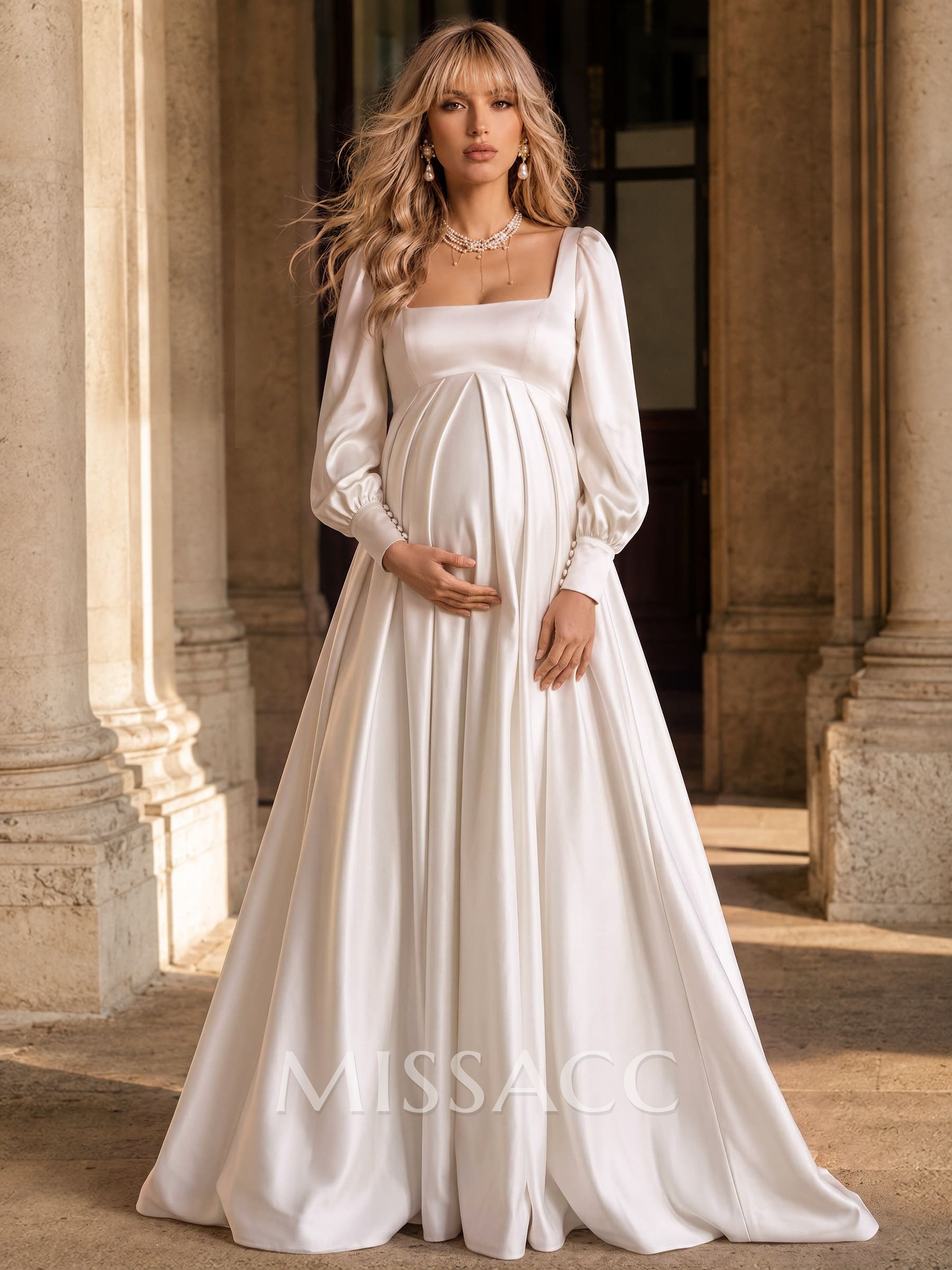 A-Line Square Neckline Long Sleeves Sweep Train Satin Maternity Wedding Dresses With Pockets/Pleated