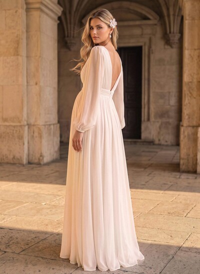 A-Line V-Neck Long Sleeves Floor-Length Chiffon Maternity Wedding Dresses With Split Front/Pockets/Lace
