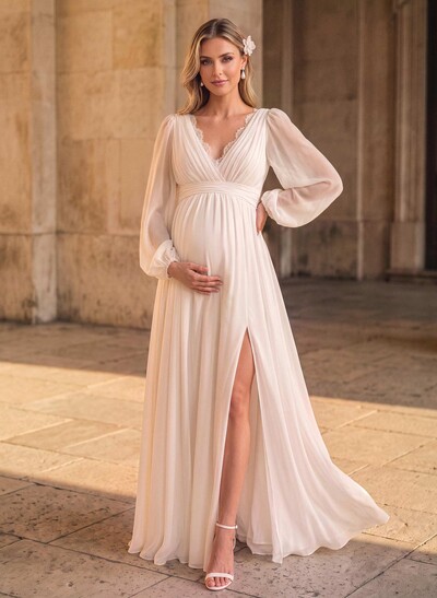 A-Line V-Neck Long Sleeves Floor-Length Chiffon Maternity Wedding Dresses With Split Front/Pockets/Lace