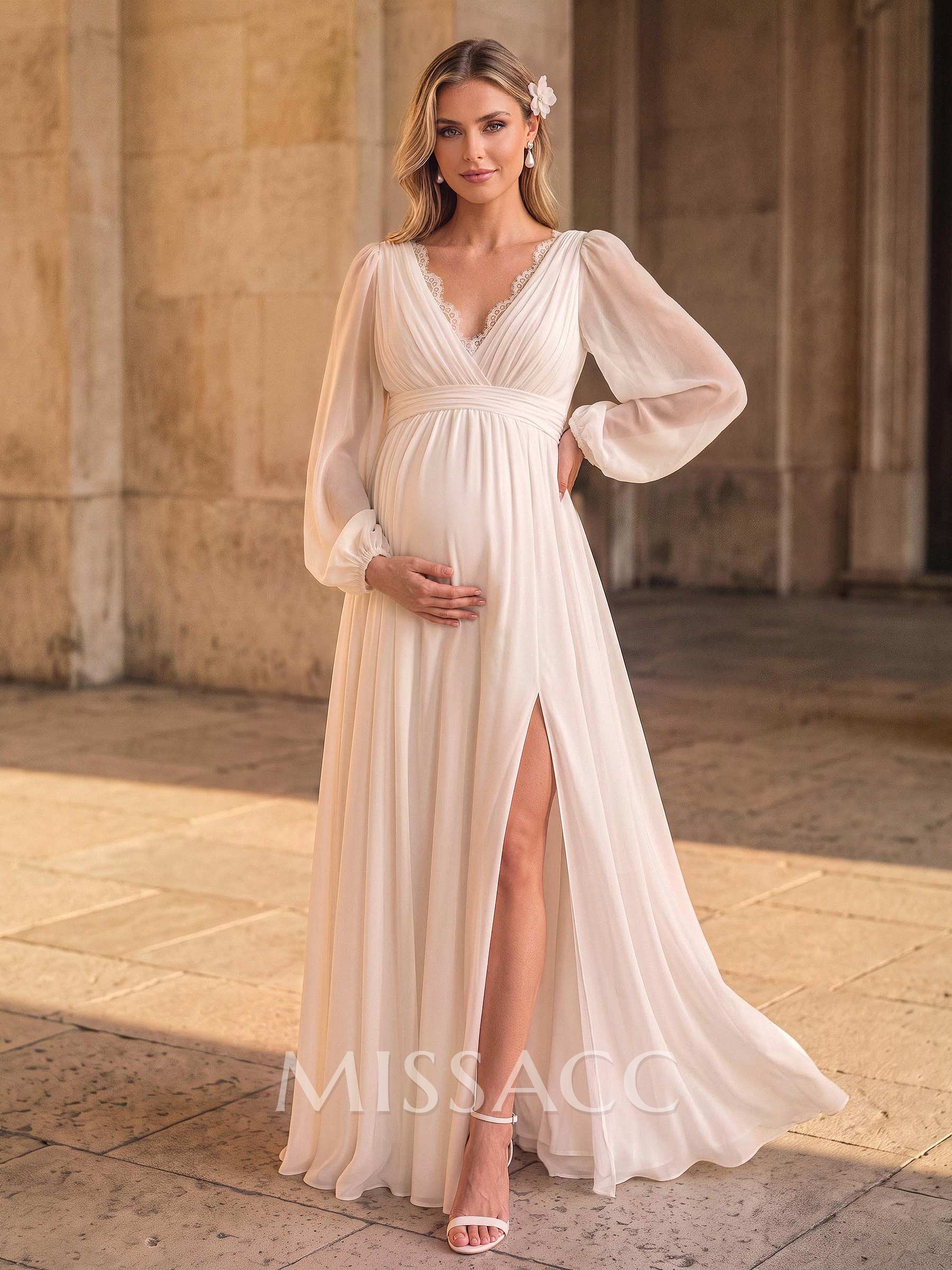 A-Line V-Neck Long Sleeves Floor-Length Chiffon Maternity Wedding Dresses With Split Front/Pockets/Lace