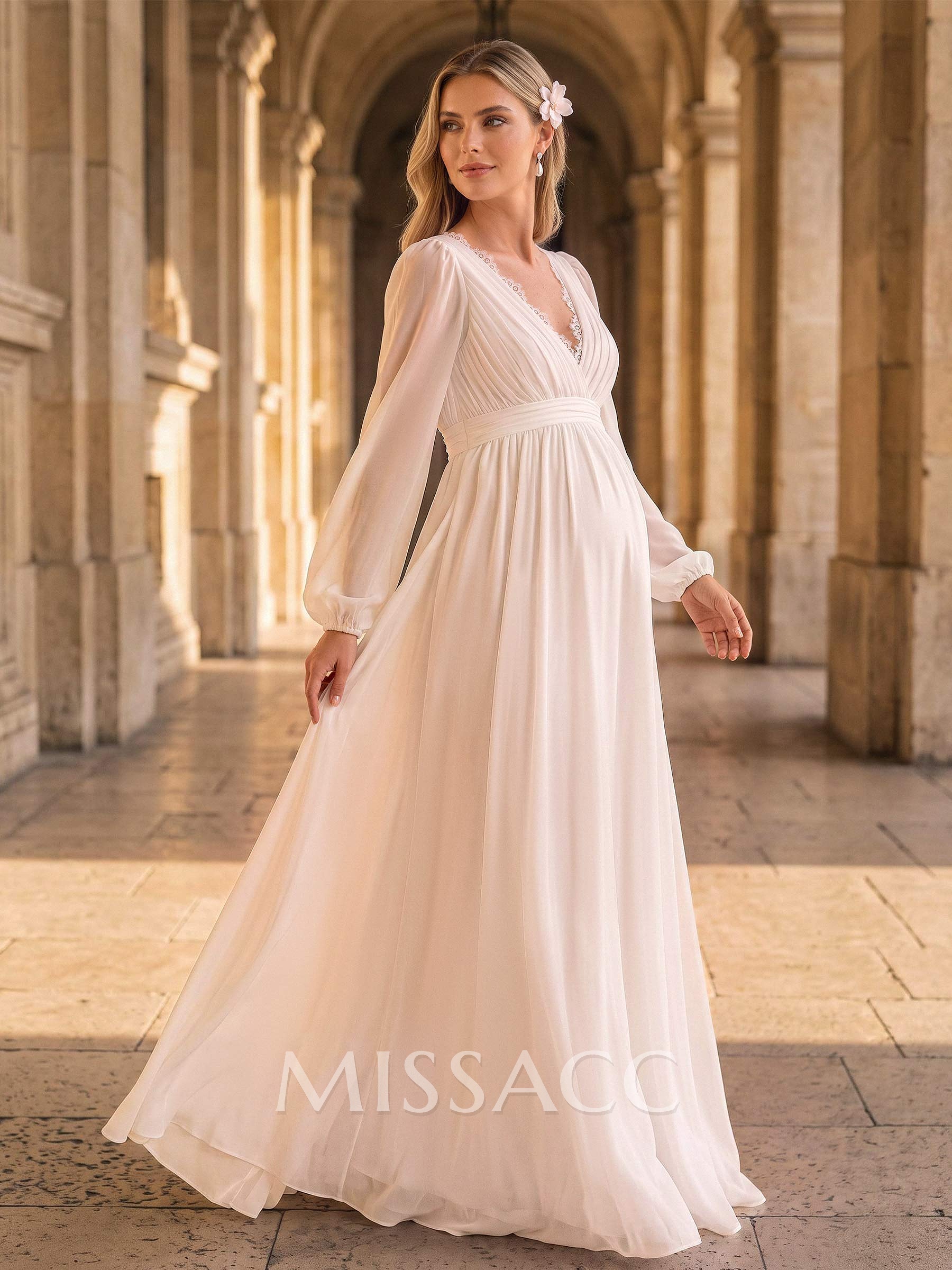 A-Line V-Neck Long Sleeves Floor-Length Chiffon Maternity Wedding Dresses With Split Front/Pockets/Lace
