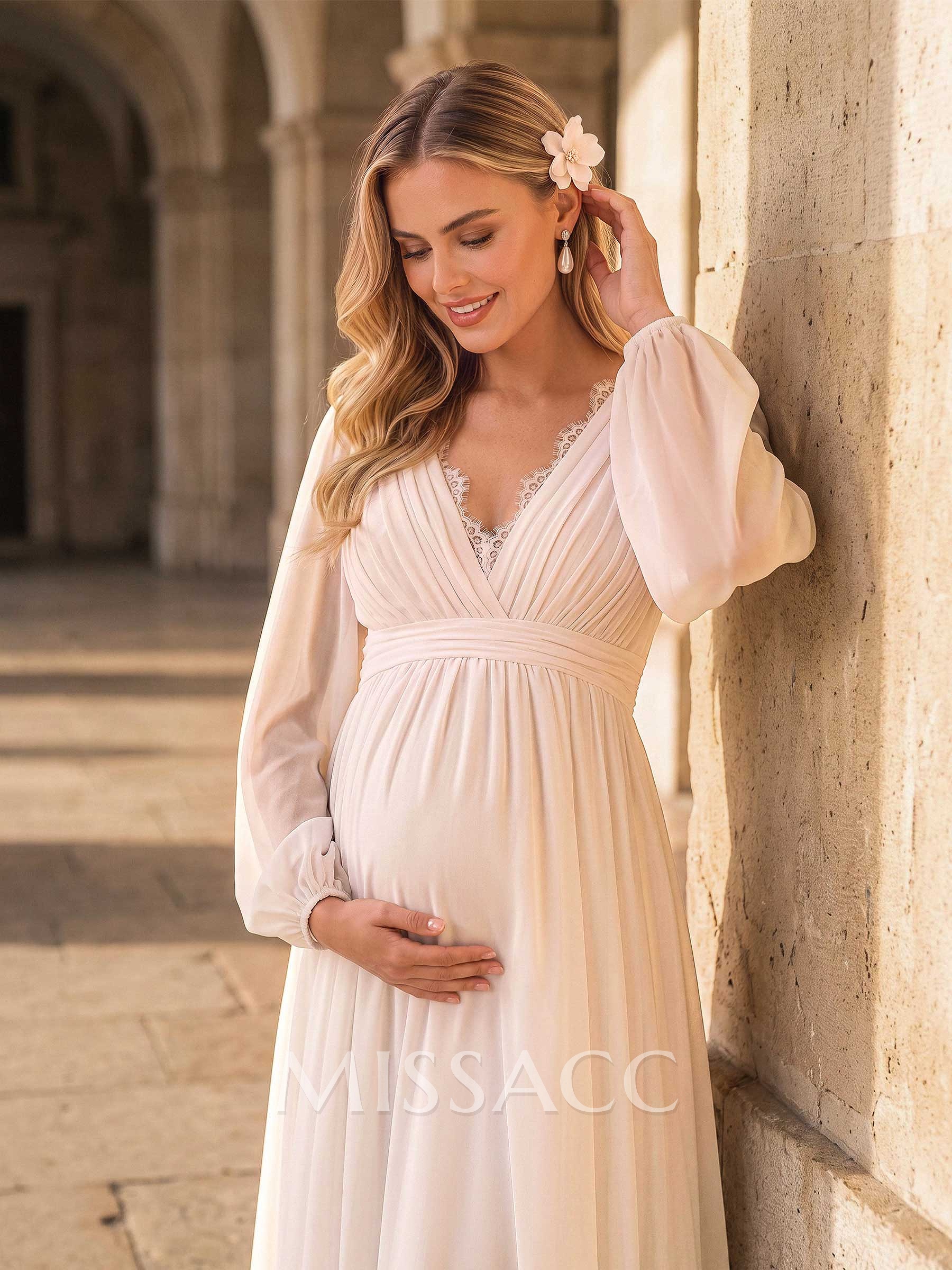 A-Line V-Neck Long Sleeves Floor-Length Chiffon Maternity Wedding Dresses With Split Front/Pockets/Lace