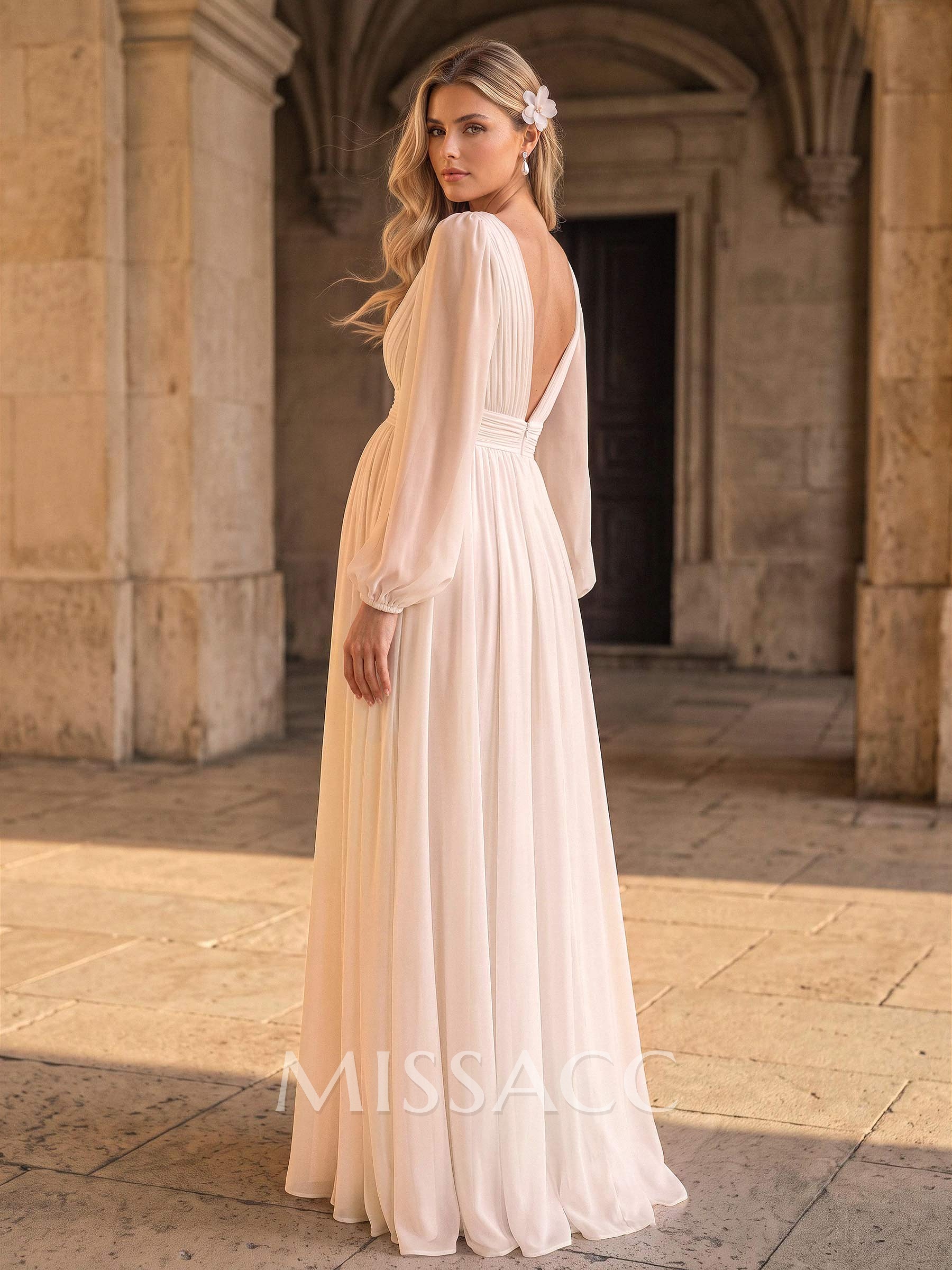 A-Line V-Neck Long Sleeves Floor-Length Chiffon Maternity Wedding Dresses With Split Front/Pockets/Lace