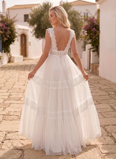 A-Line V-Neck Sleeveless Floor-Length Chiffon/Lace Maternity Wedding Dresses With Pleated