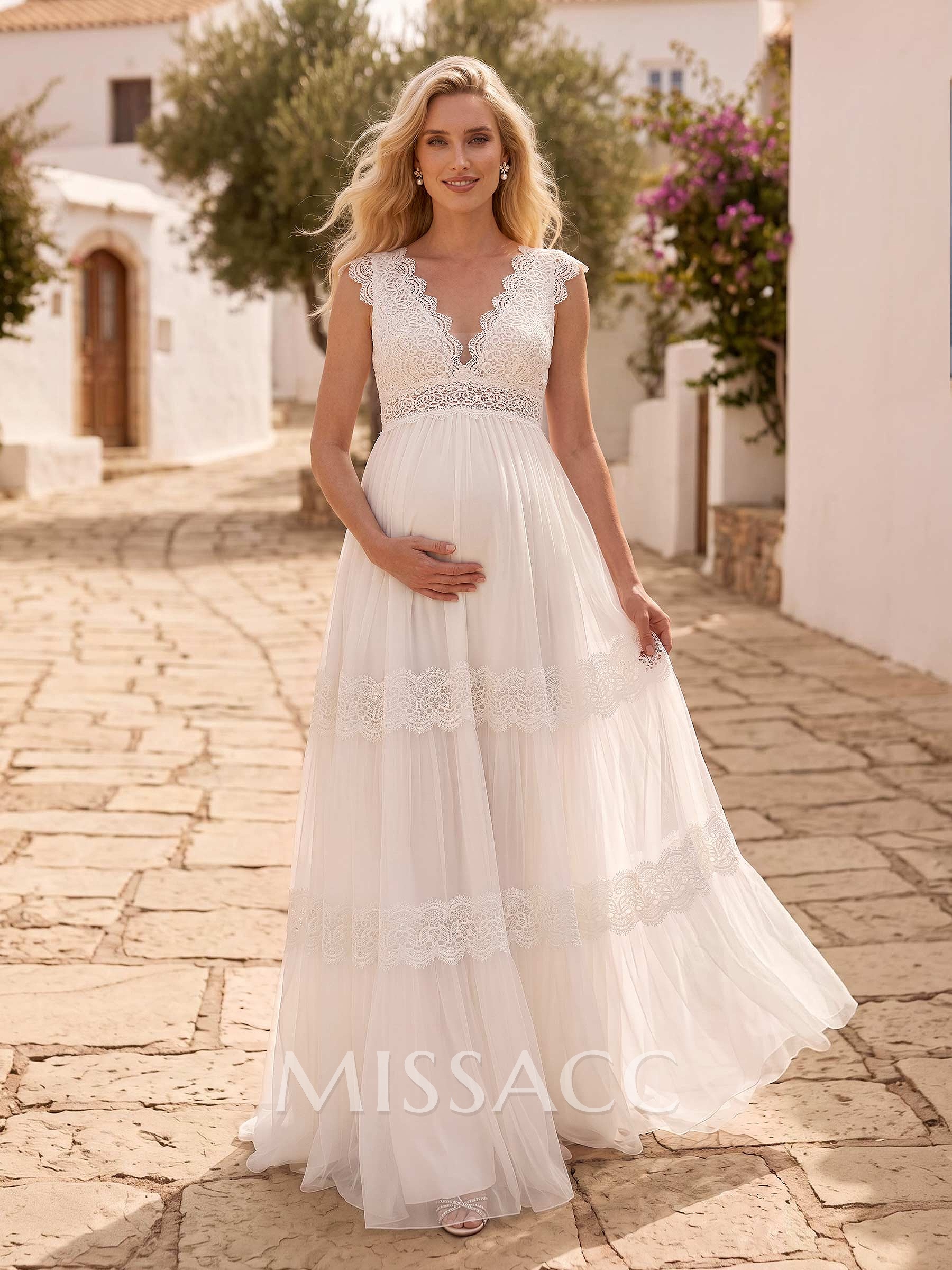 A-Line V-Neck Sleeveless Floor-Length Chiffon/Lace Maternity Wedding Dresses With Pleated