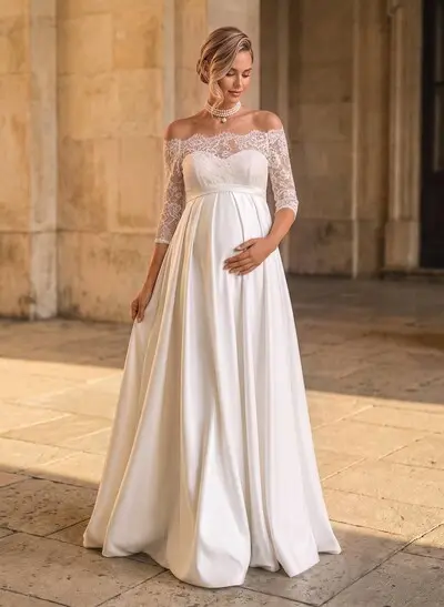 A-Line Off-The-Shoulder 3/4 Sleeves Floor-Length Lace/Satin Maternity Wedding Dresses With Bow