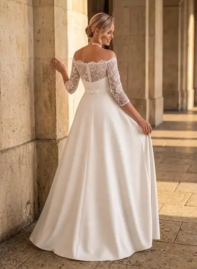 A-Line Off-The-Shoulder 3/4 Sleeves Floor-Length Lace/Satin Maternity Wedding Dresses With Bow