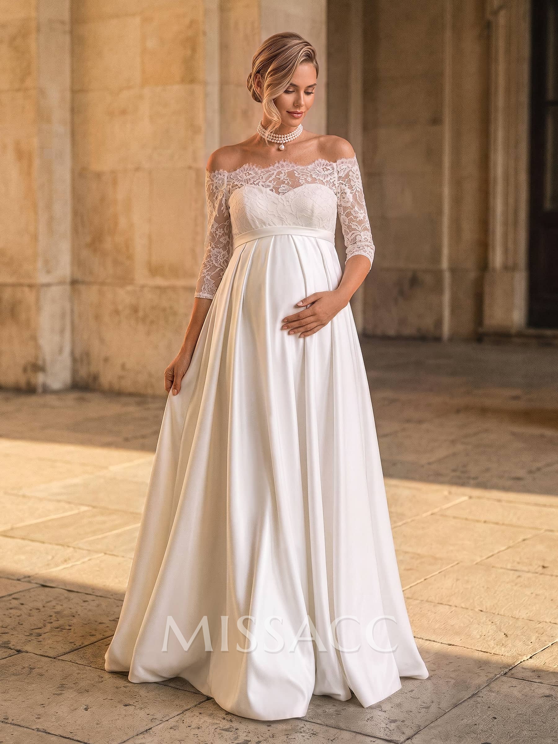 A-Line Off-The-Shoulder 3/4 Sleeves Floor-Length Lace/Satin Maternity Wedding Dresses With Bow