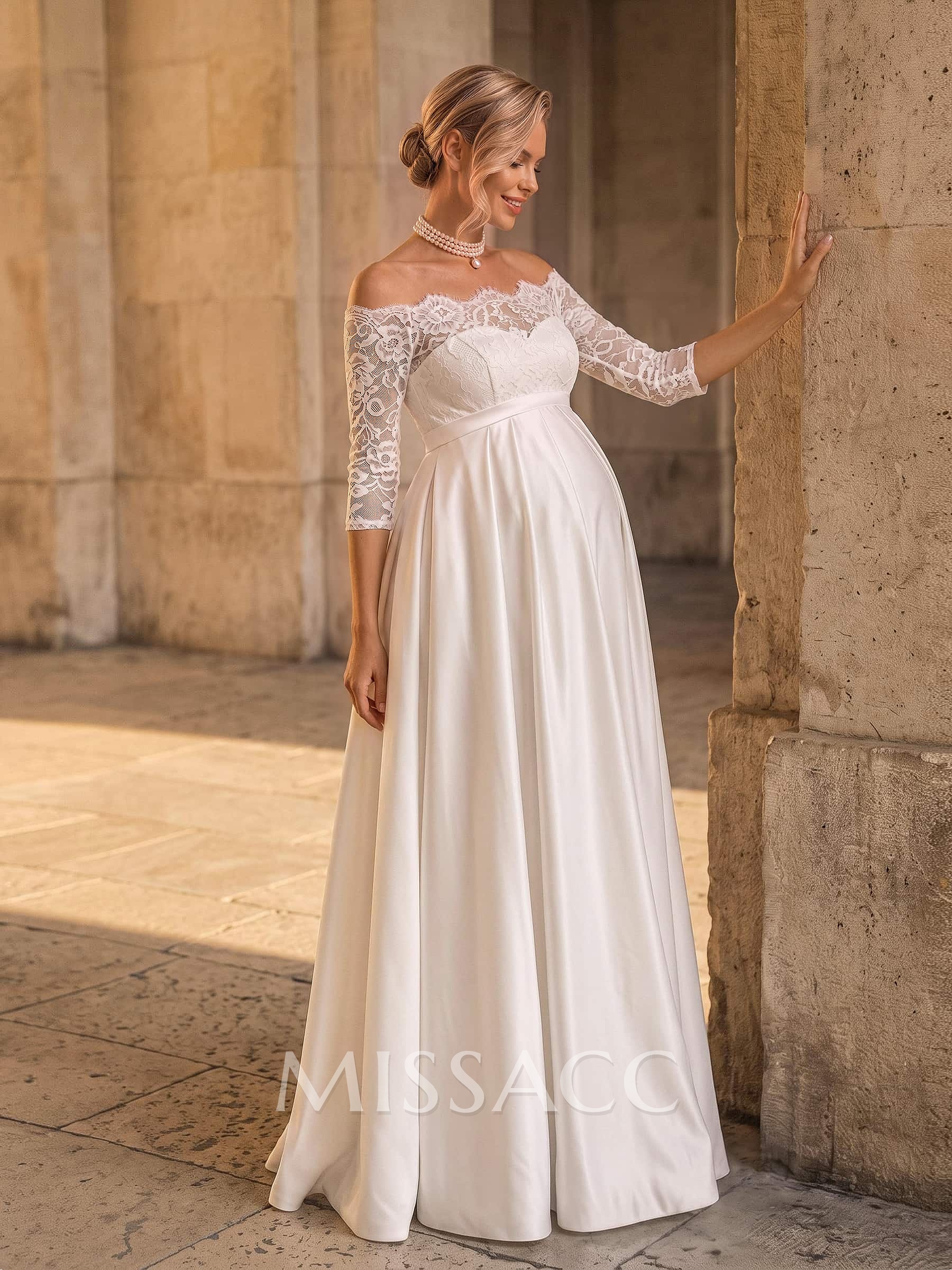 A-Line Off-The-Shoulder 3/4 Sleeves Floor-Length Lace/Satin Maternity Wedding Dresses With Bow