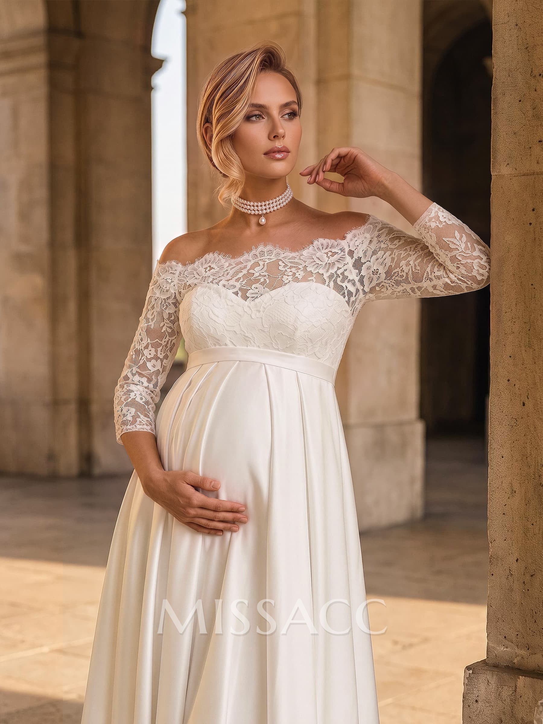 A-Line Off-The-Shoulder 3/4 Sleeves Floor-Length Lace/Satin Maternity Wedding Dresses With Bow