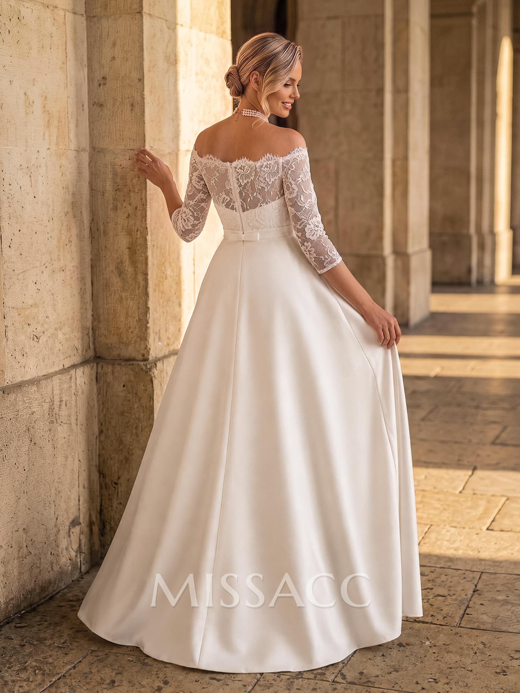 A-Line Off-The-Shoulder 3/4 Sleeves Floor-Length Lace/Satin Maternity Wedding Dresses With Bow