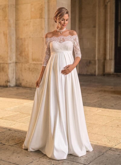 A-Line Off-The-Shoulder 3/4 Sleeves Floor-Length Lace/Satin Maternity Wedding Dresses With Bow