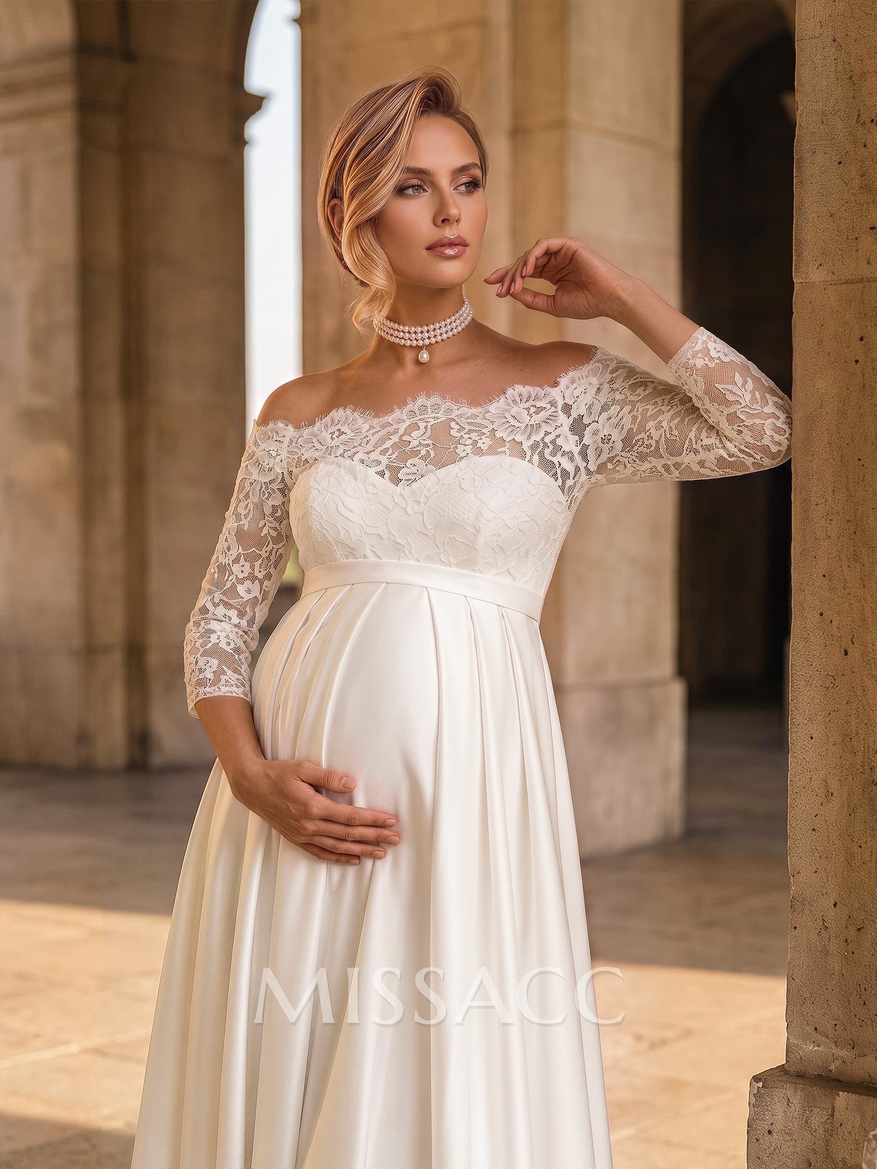 A-Line Off-The-Shoulder 3/4 Sleeves Floor-Length Lace/Satin Maternity Wedding Dresses With Bow