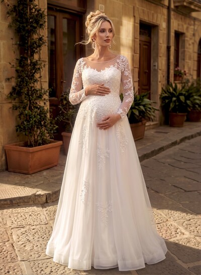 A-Line Scoop Neck Long Sleeves Floor-Length Tulle Maternity Wedding Dresses With Pockets/Appliques Lace