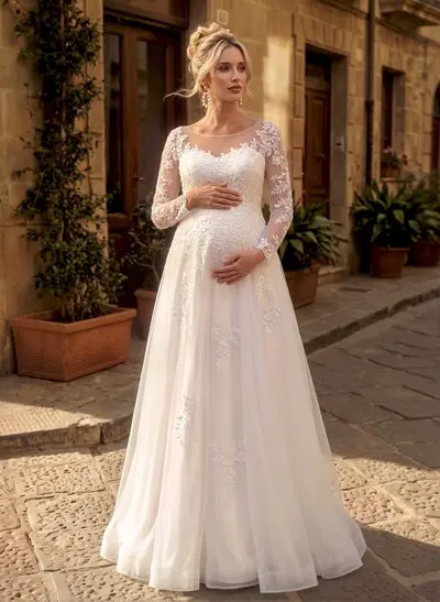 A-Line Scoop Neck Long Sleeves Floor-Length Tulle Maternity Wedding Dresses With Pockets/Appliques Lace