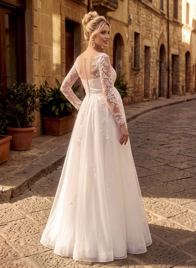 A-Line Scoop Neck Long Sleeves Floor-Length Tulle Maternity Wedding Dresses With Pockets/Appliques Lace