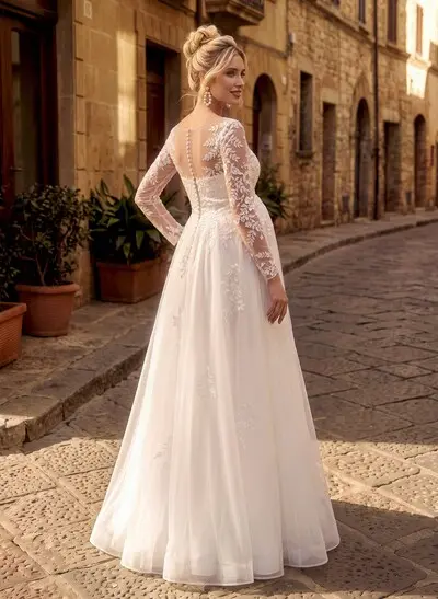 A-Line Scoop Neck Long Sleeves Floor-Length Tulle Maternity Wedding Dresses With Pockets/Appliques Lace