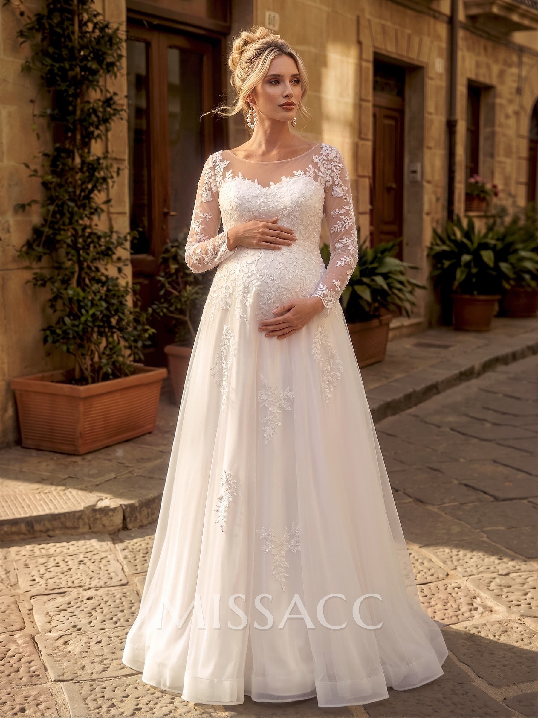 A-Line Scoop Neck Long Sleeves Floor-Length Tulle Maternity Wedding Dresses With Pockets/Appliques Lace