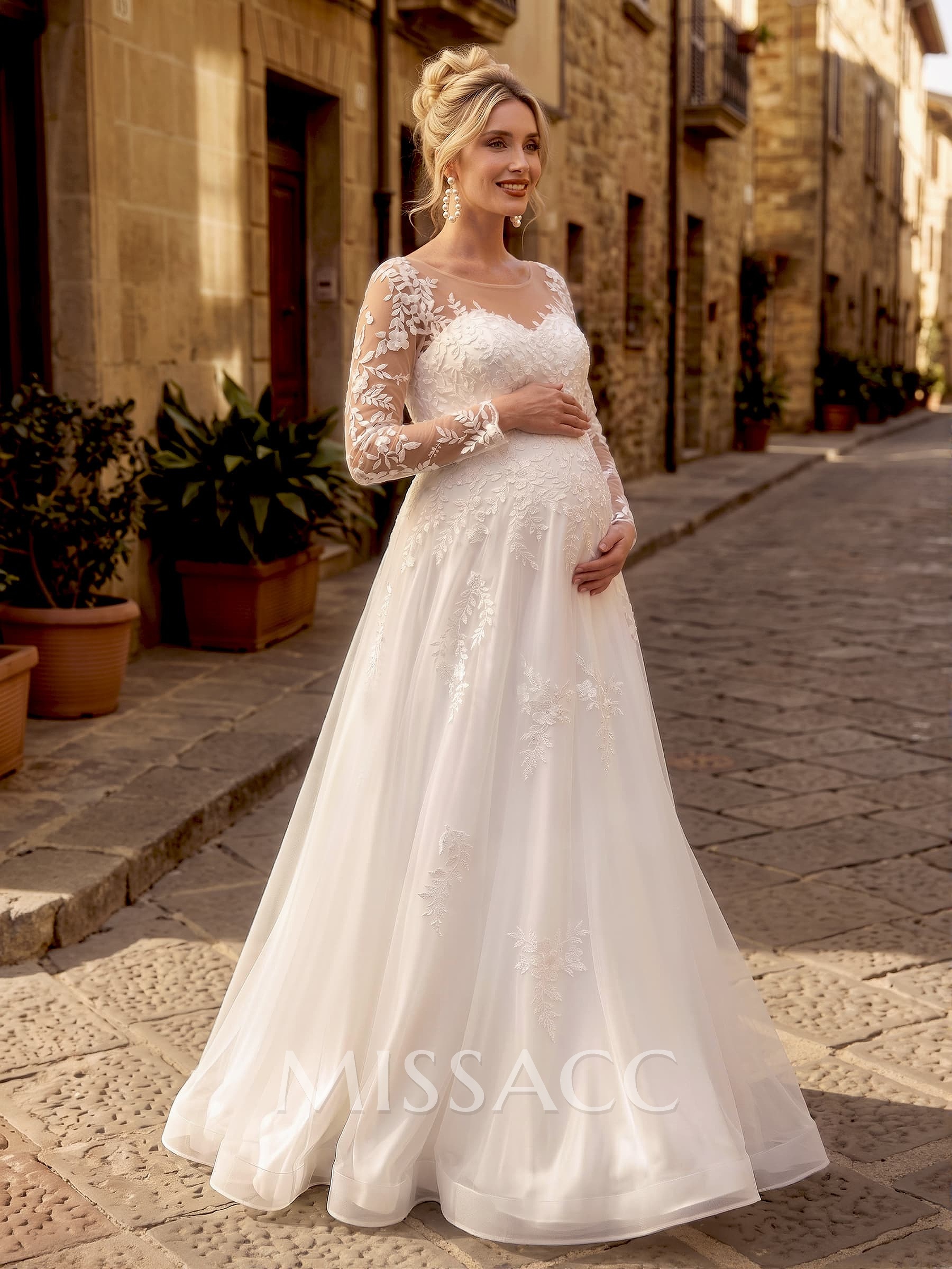 A-Line Scoop Neck Long Sleeves Floor-Length Tulle Maternity Wedding Dresses With Pockets/Appliques Lace