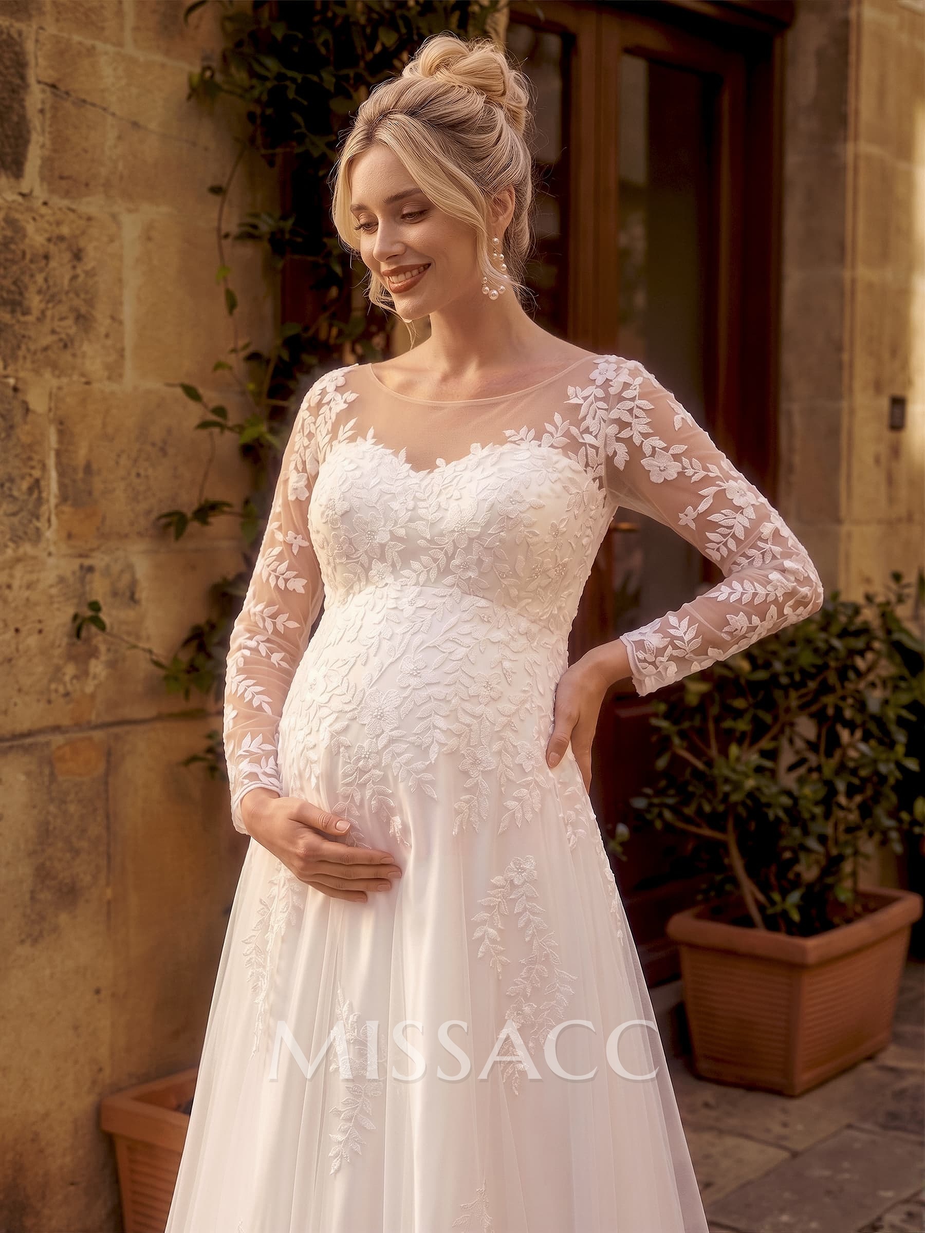A-Line Scoop Neck Long Sleeves Floor-Length Tulle Maternity Wedding Dresses With Pockets/Appliques Lace
