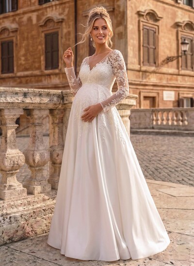 A-Line V-Neck Long Sleeves Floor-Length Satin Maternity Wedding Dresses With Appliques Lace