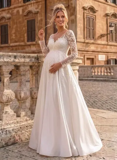 A-Line V-Neck Long Sleeves Floor-Length Satin Maternity Wedding Dresses With Appliques Lace