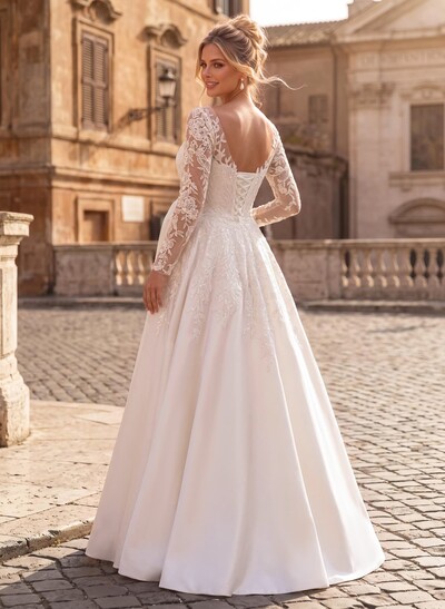 A-Line V-Neck Long Sleeves Floor-Length Satin Maternity Wedding Dresses With Appliques Lace