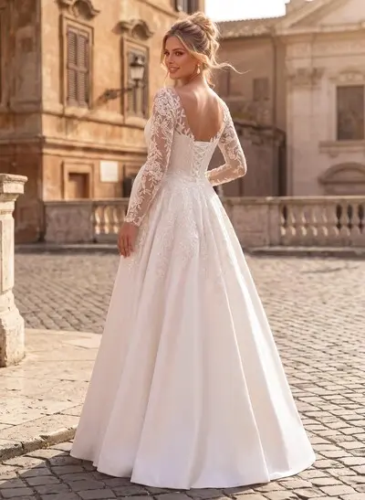 A-Line V-Neck Long Sleeves Floor-Length Satin Maternity Wedding Dresses With Appliques Lace