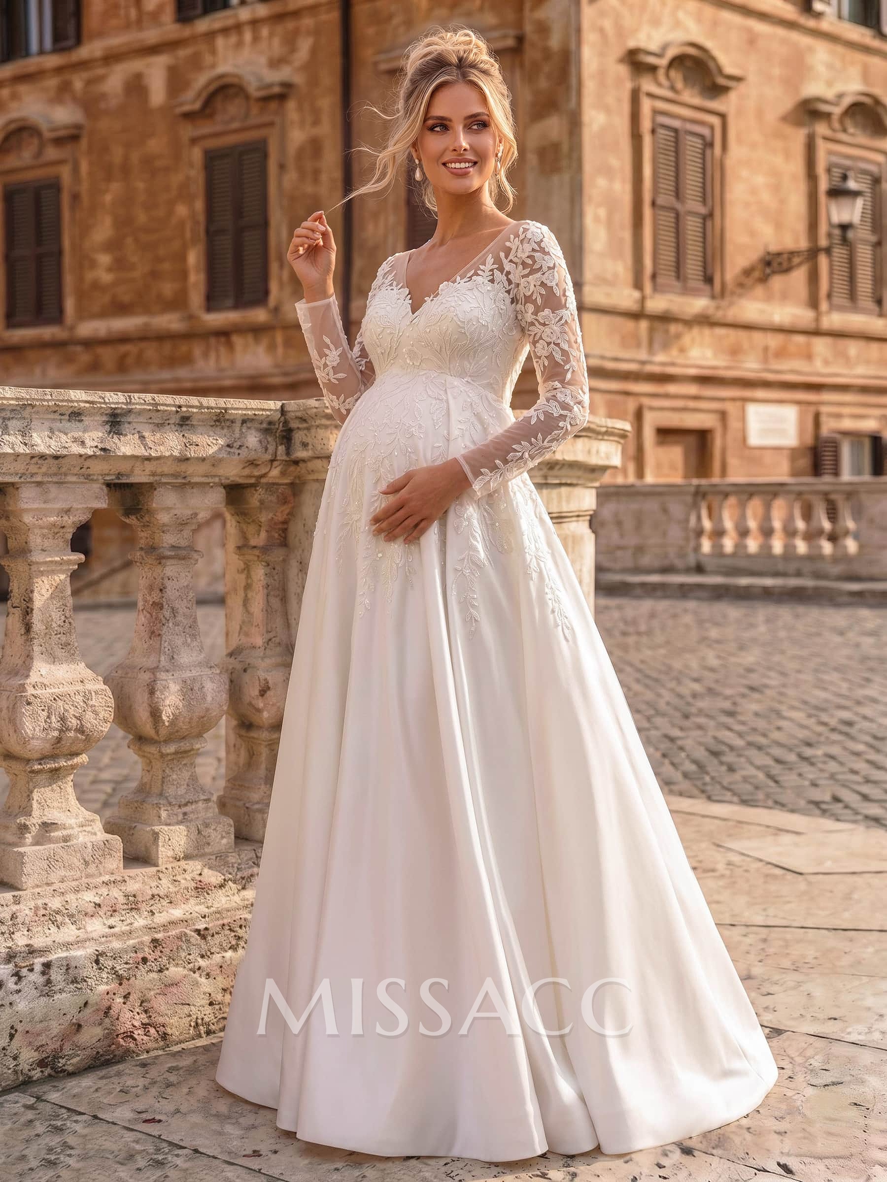 A-Line V-Neck Long Sleeves Floor-Length Satin Maternity Wedding Dresses With Appliques Lace